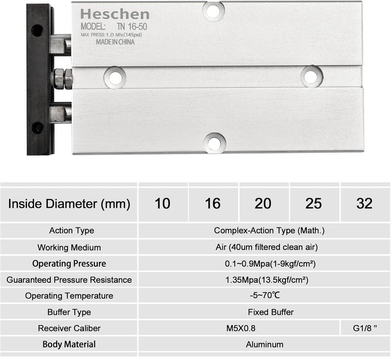 Heschen Pneumatic Air Cylinder, TN16-50(TDA16-50), Bore 16mm, Stroke 50mm, Double-Rod Double-Acting Aluminum Pneumatic Air Cylinder, with Magnet, Silver - Image 5